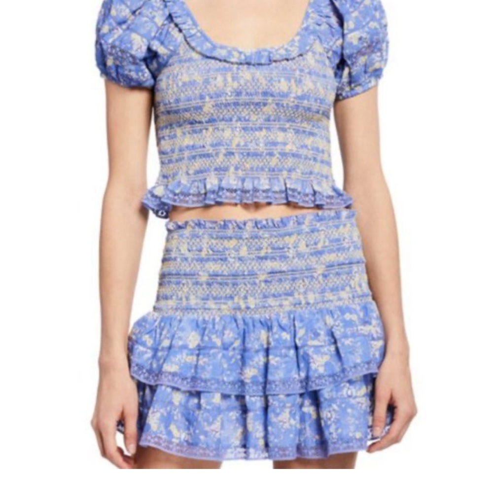 Loveshackfancy Cotton Mira Smocked Mini Tiered Ruffle Skirt Blue Jay medium lace